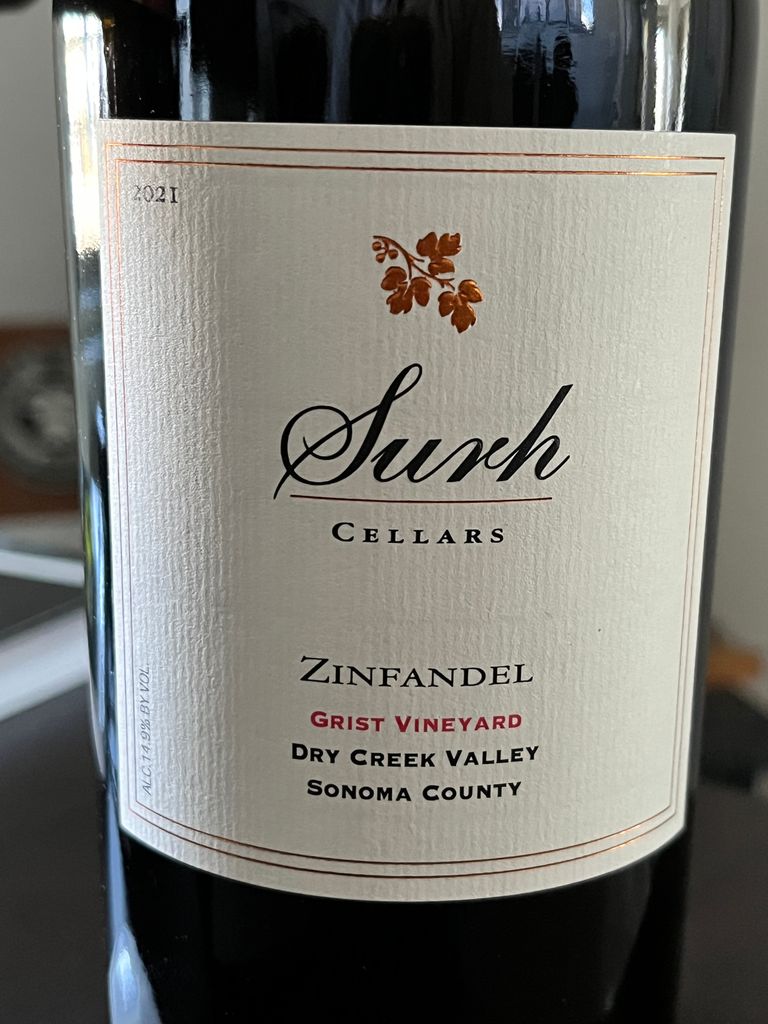 2021 Surh Cellars Zinfandel Grist Vineyard USA California Sonoma