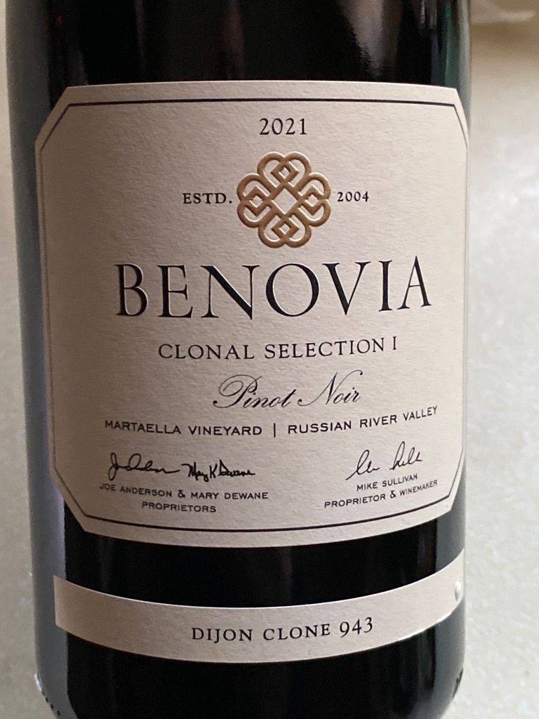 2021 Benovia Pinot Noir Clonal Selection 1 Dijon Clone 943 Martaella