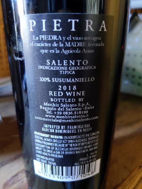 2019 Vini Menhir Susumaniello Pietra Italy Puglia Salento IGT