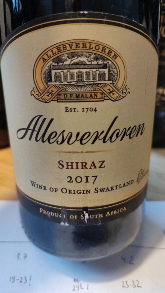 Allesverloren Shiraz South Africa Coastal Region Swartland