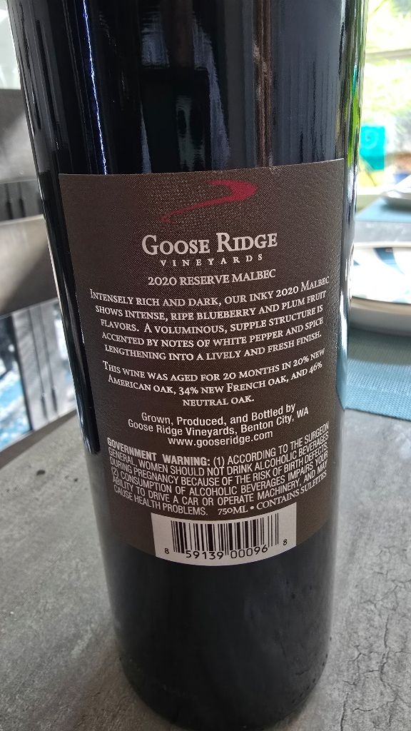 2019 Goose Ridge Vineyards Malbec Reserve, USA, Washington, Columbia ...