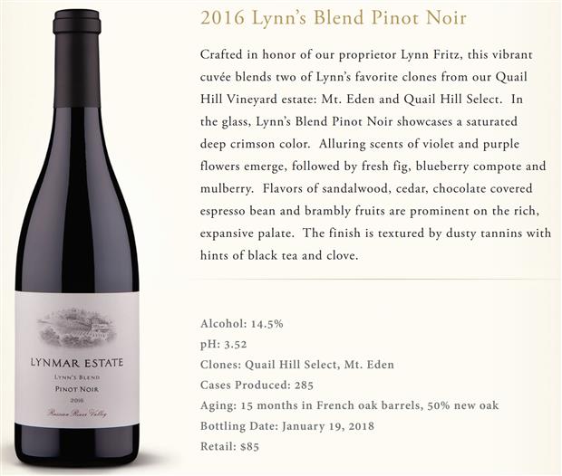 2016 Lynmar Estate Pinot Noir Lynn's Blend Quail Hill Vineyard, USA ...