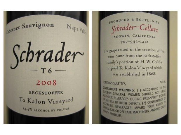 2008 Schrader Cellars Cabernet Sauvignon T6 Beckstoffer To Kalon ...