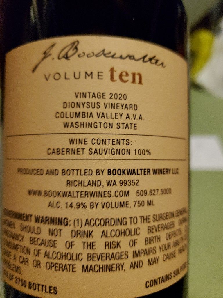 2020 J. Bookwalter Cabernet Sauvignon Volume Ten, USA, Washington ...