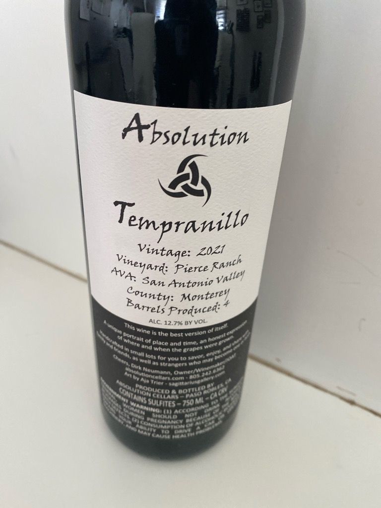 2021 Absolution Cellars Tempranillo Pierce Ranch, USA, California ...