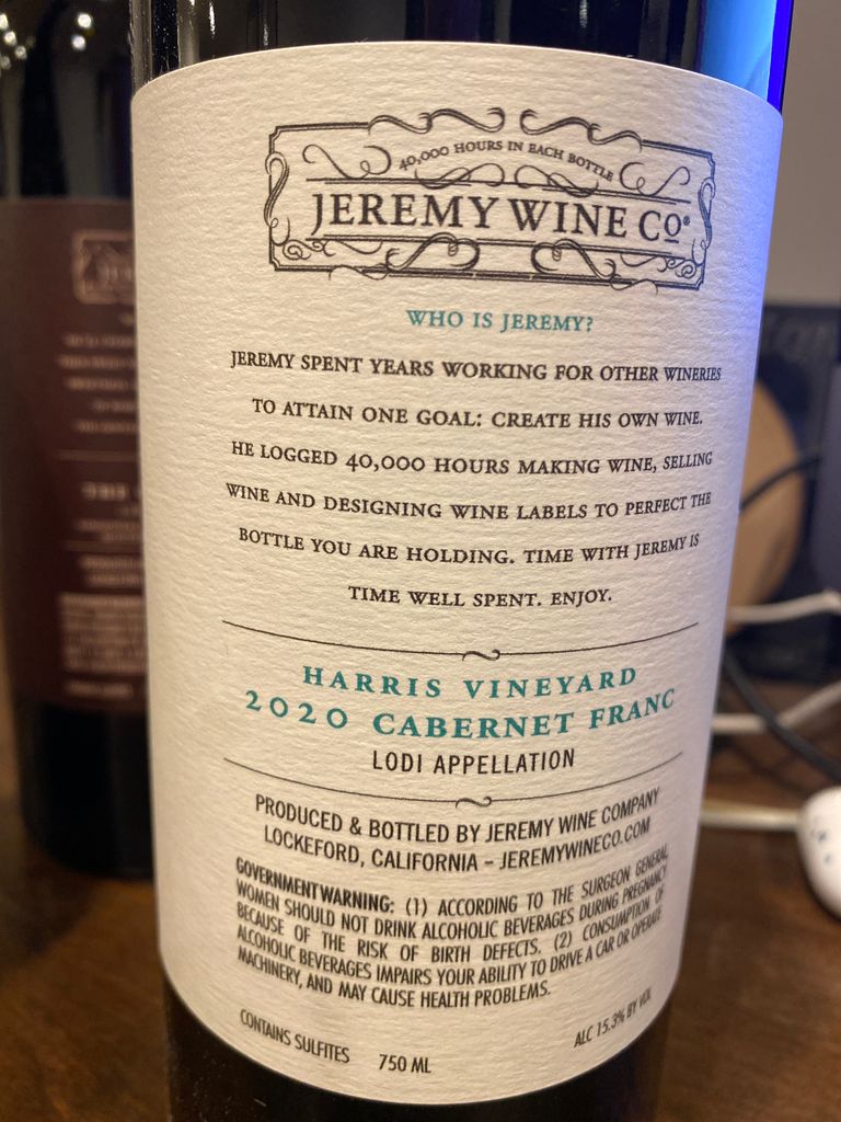 2020 Jeremy Wine Company Cabernet Franc Harris Vineyard, USA ...