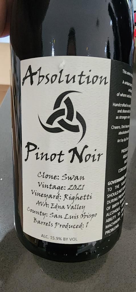 2021 Absolution Cellars Pinot Noir Swan Clone Righetti, USA, California ...