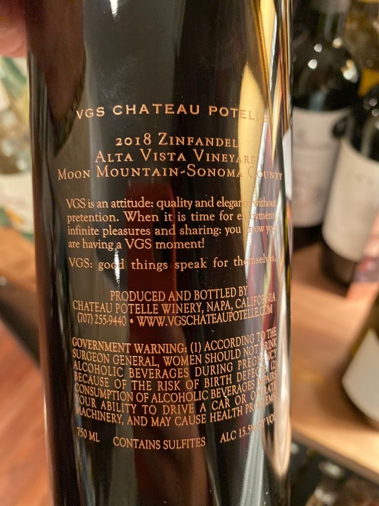 2019 Chateau Potelle Zinfandel VGS Alta Vista Vineyard Moon