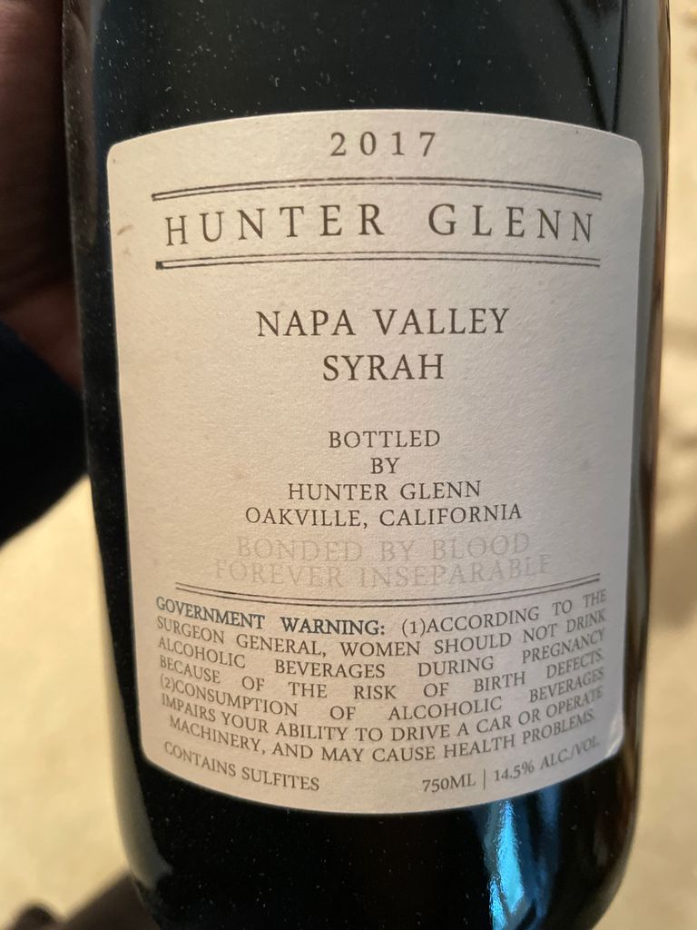 2017 Hunter Glenn Syrah, USA, California, Napa Valley CellarTracker