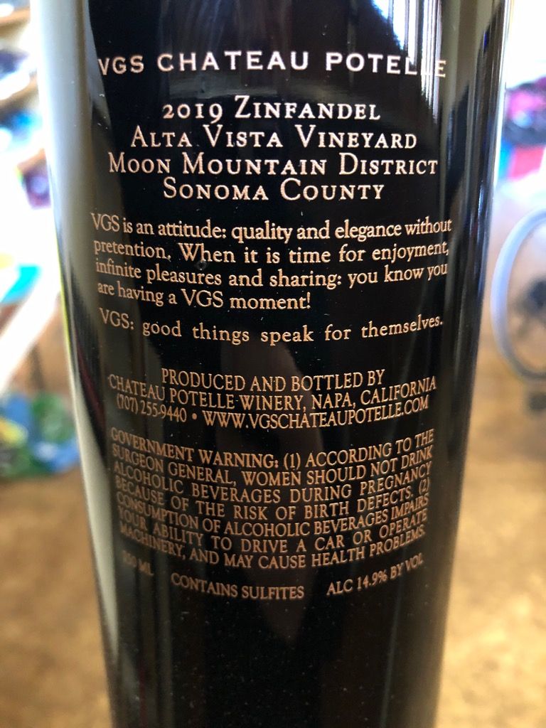 2019 Chateau Potelle Zinfandel VGS Alta Vista Vineyard Moon