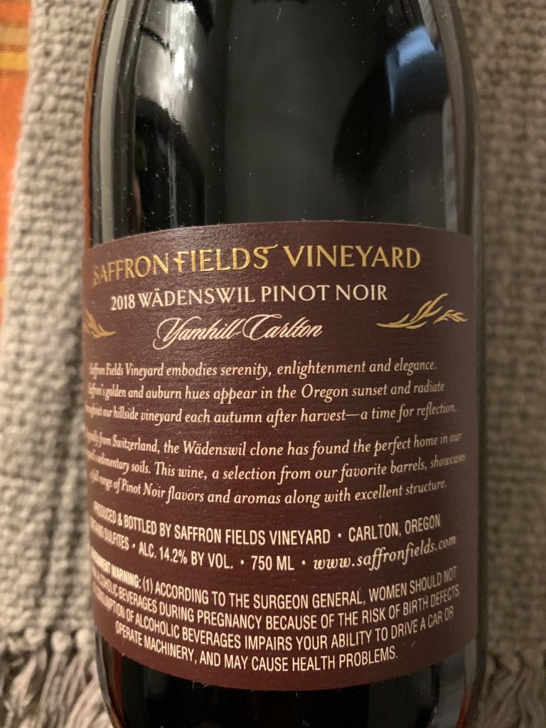 2019 Saffron Fields Vineyard Pinot Noir Wadenswil, USA, Oregon