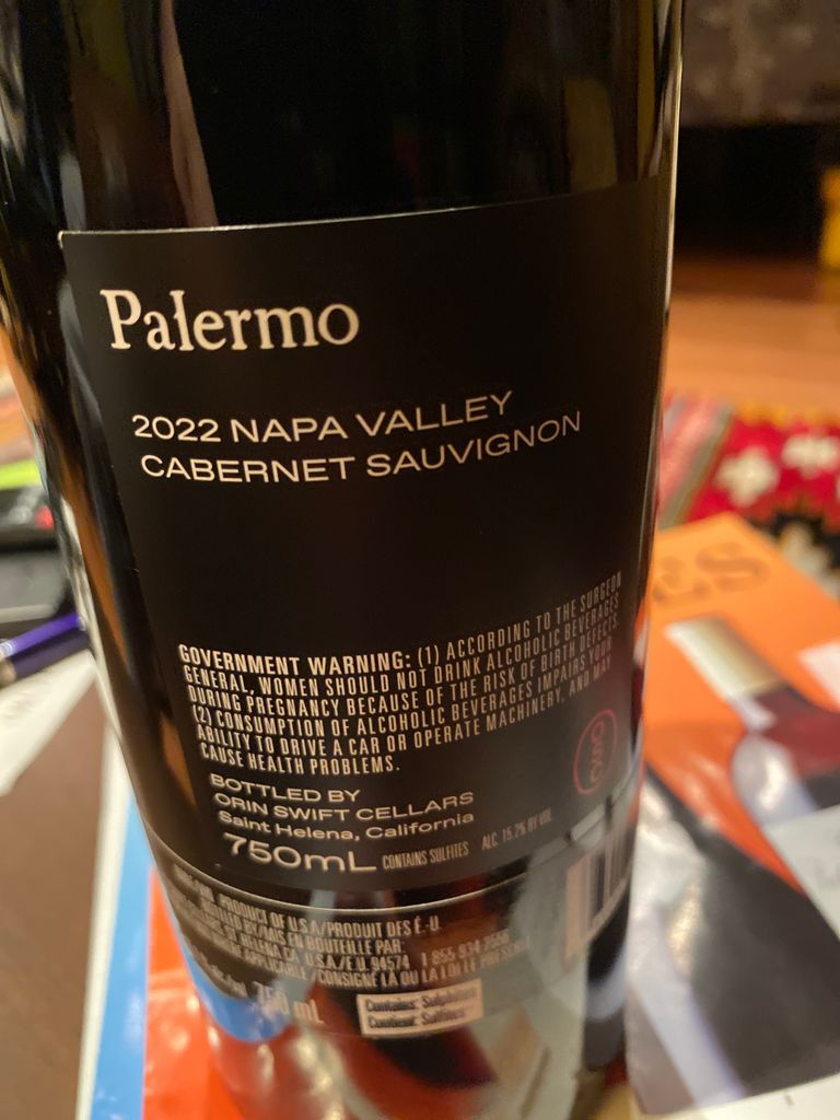 2022 Orin Swift Cabernet Sauvignon Palermo - CellarTracker