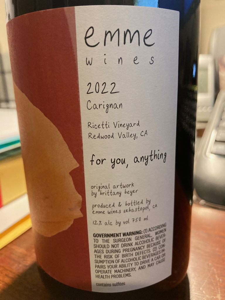 2022 Emme Wines Carignan for you, anything Ricetti, USA, California