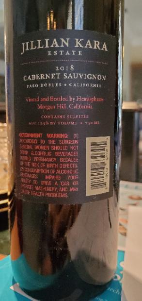 2018 JILLIAN KARA Cabernet Sauvignon Hemispheres, USA, California ...