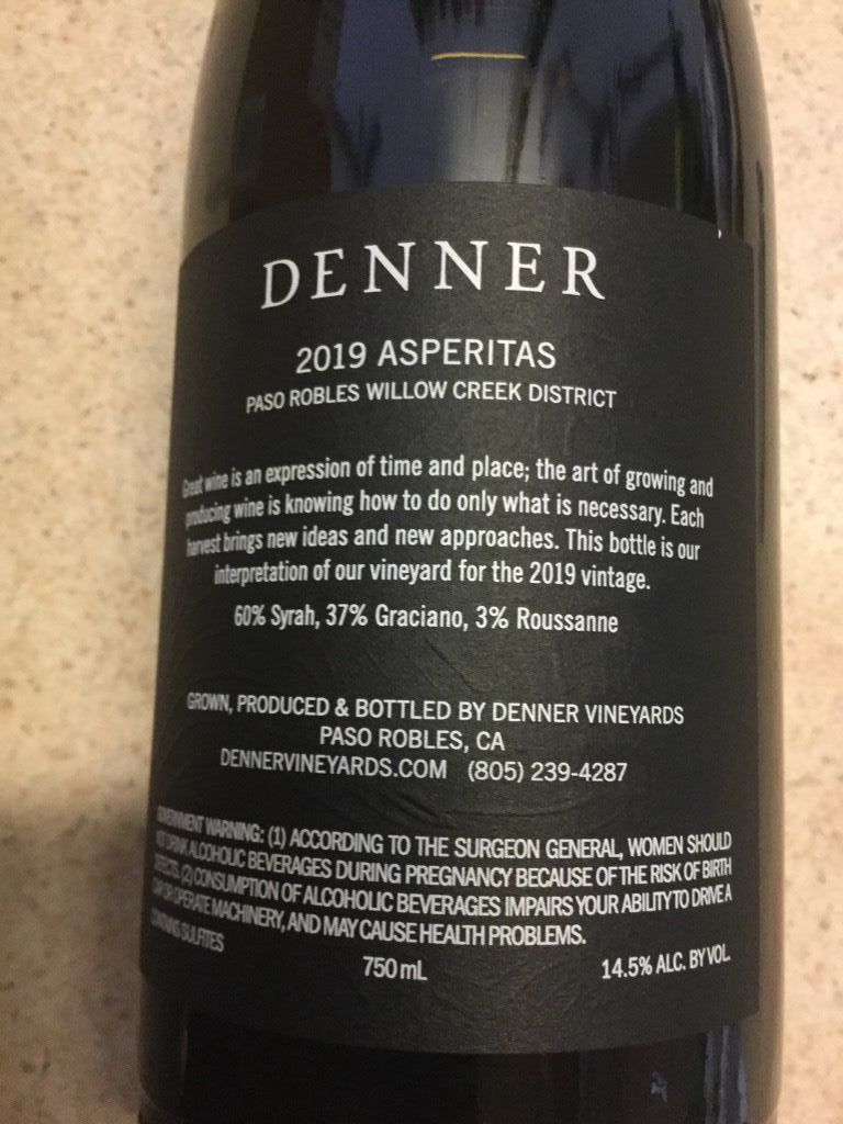 2019 Denner Asperitas, USA, California, Central Coast, Paso Robles CellarTracker