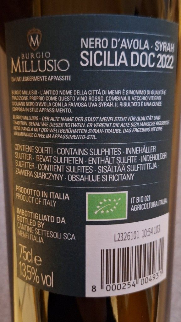 2022 Cantine Settesoli Sicilia Burgio Millusio Nero d'Avola Syrah