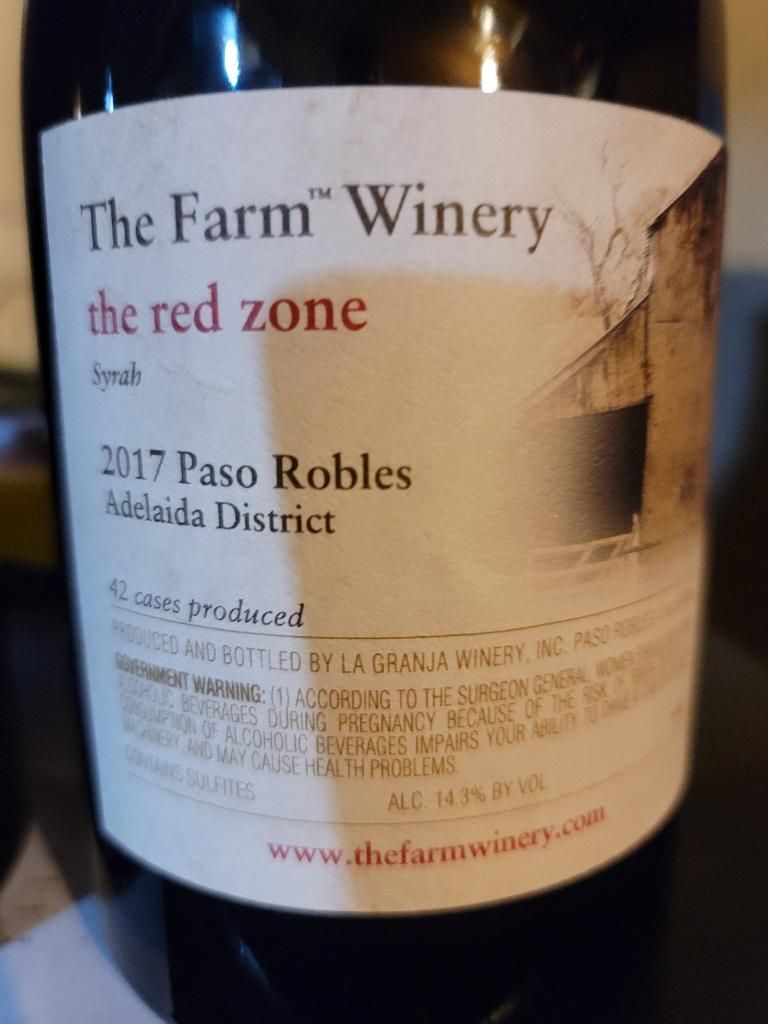 2017 The Farm Winery Syrah The Red Zone Usa California Central Coast