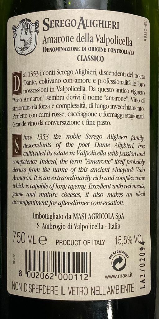 1998 Masi Amarone della Valpolicella Classico Ser go Alighieri