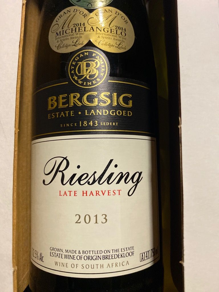 Bergsig 2013 Bergsig Estate Late Harvest Riesling Bergsig Estate, South Africa ...