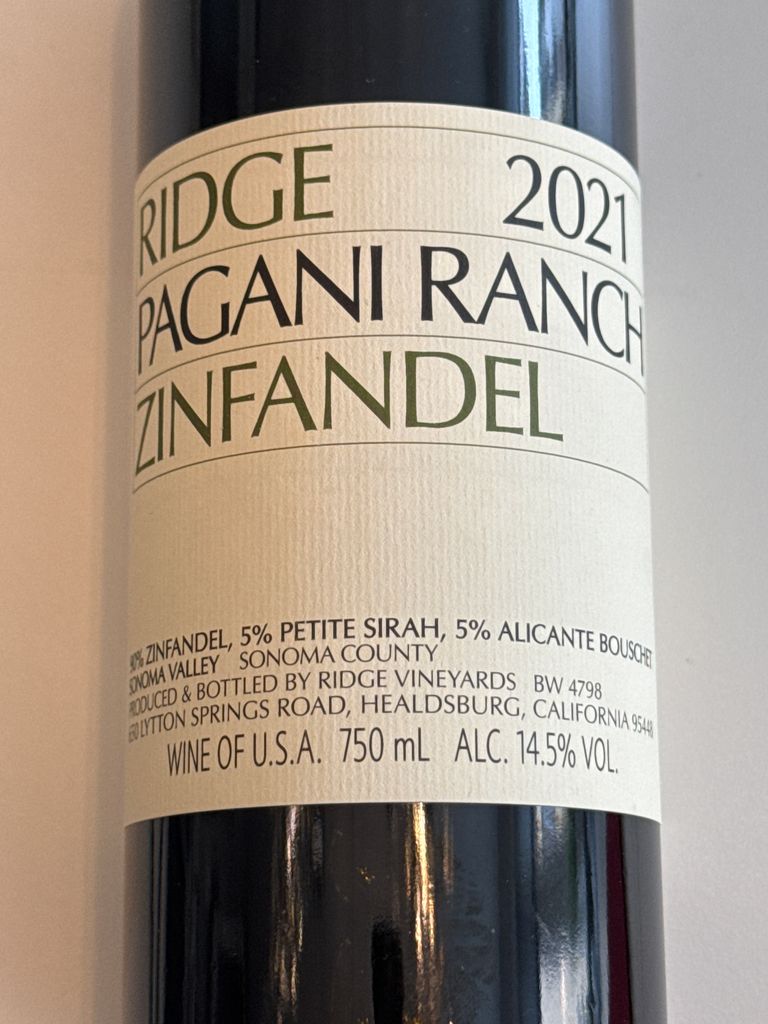 2021 Ridge Zinfandel Pagani Ranch - CellarTracker
