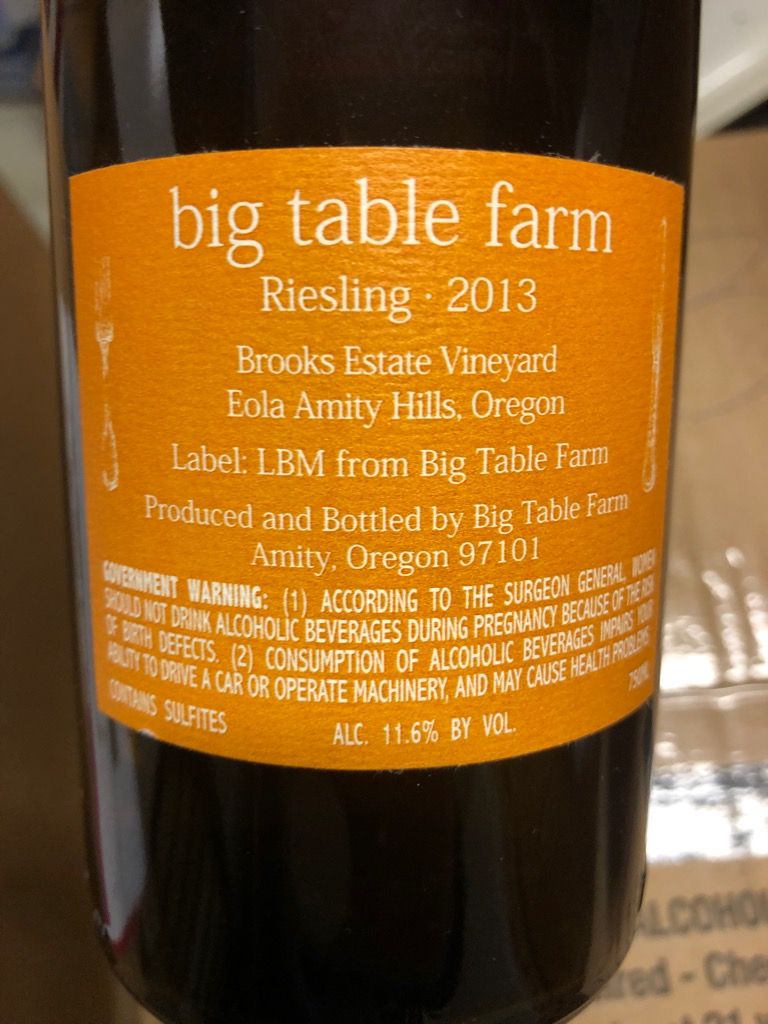 NV Big Table Farm Riesling Brooks Estate Vineyard, USA, Oregon ...