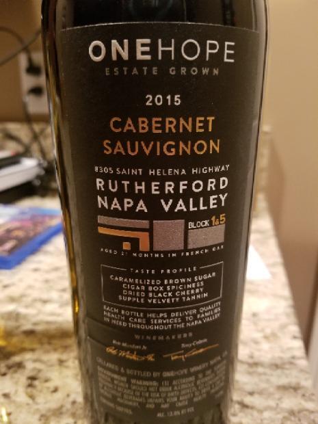 2016 One Hope Cabernet Sauvignon Estate 8 Block 1and5 Usa California