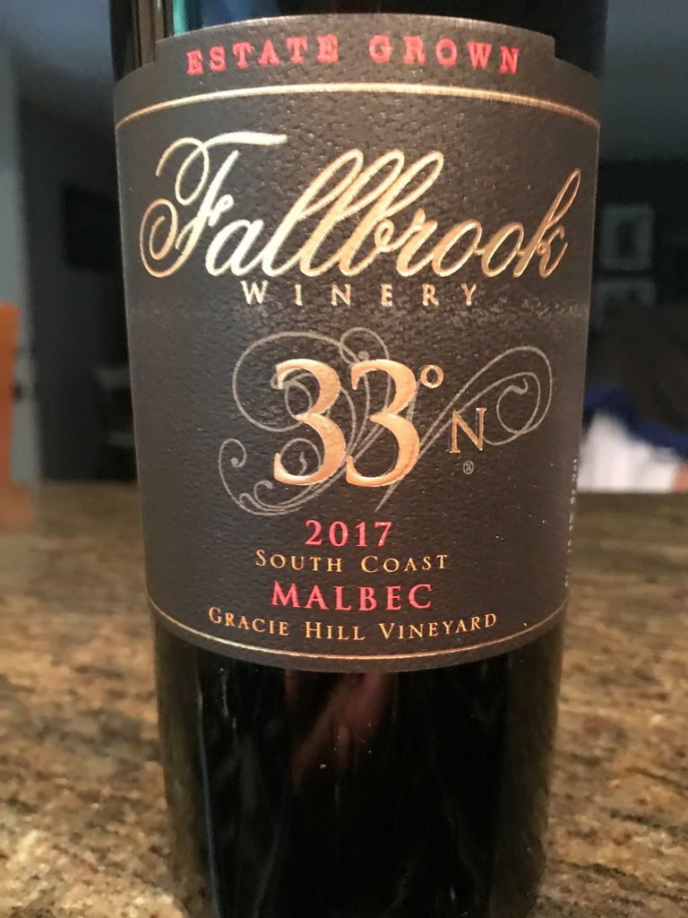 2019 Fallbrook Winery Malbec 33 Degrees N Gracie Hill Vineyard Usa