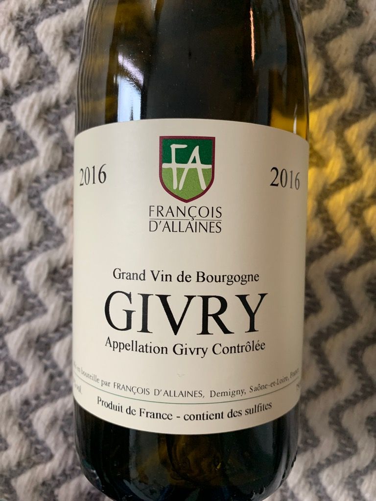 2020 Francois d'Allaines Givry Blanc, France, Burgundy, Côte ...