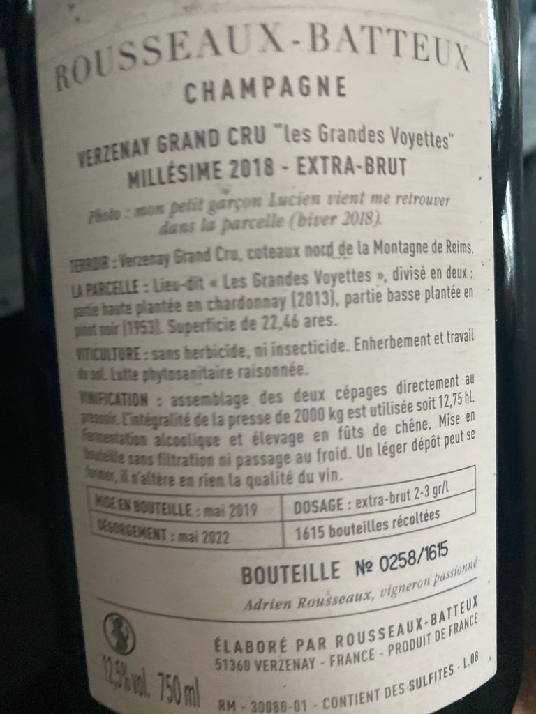 ROUSSEAUX-BATTEUX ルソーバトーシャンパン 2020年 DOMAINE ROUSSEAUX-BATTEUX 'Les Grandes Voyettes' 2020 – Champagne