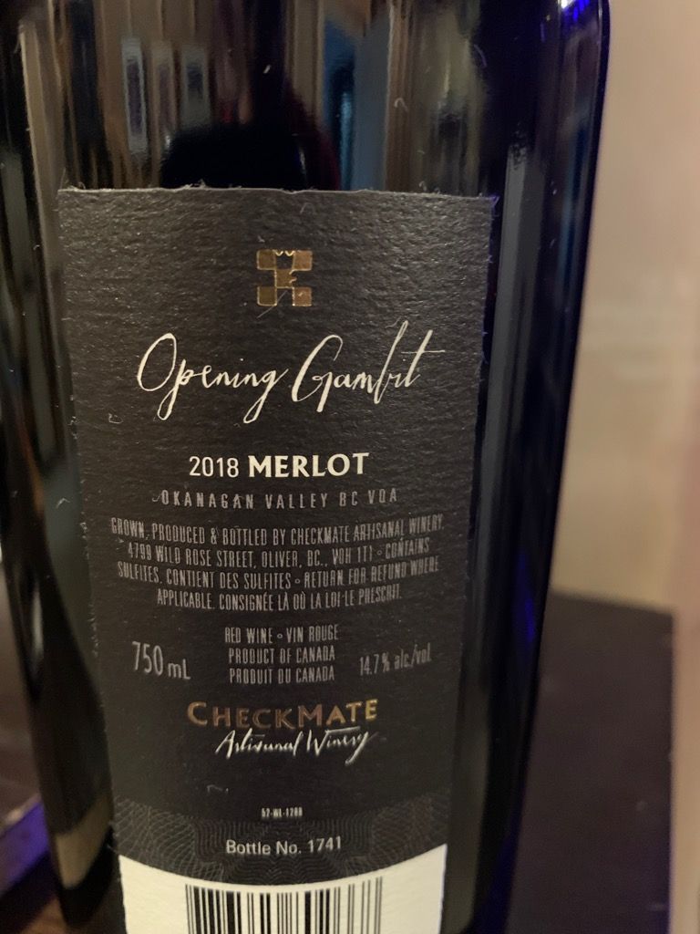2018 Checkmate Artisanal Winery Merlot Opening Gambit, Canada, British ...