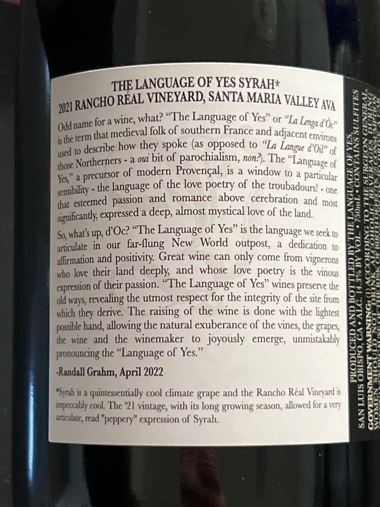 2022 The Language of Yes Syrah En Passerillage Rancho Real, USA