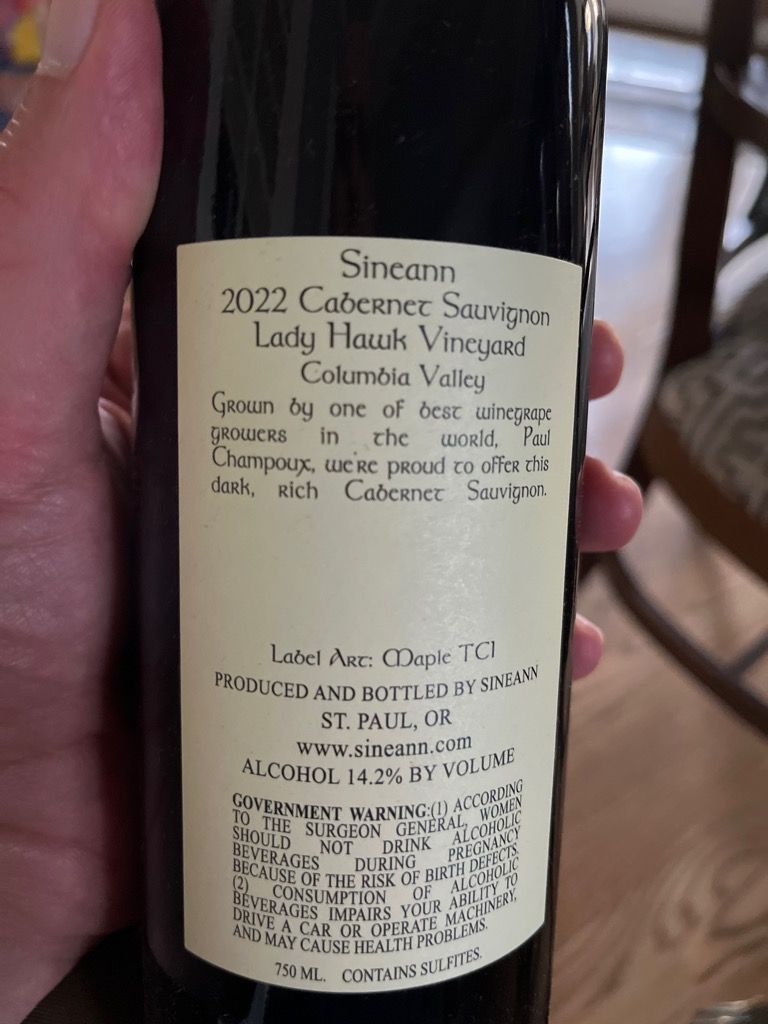 2022 Sineann Cabernet Sauvignon Lady Hawk Vineyard, USA, Washington ...