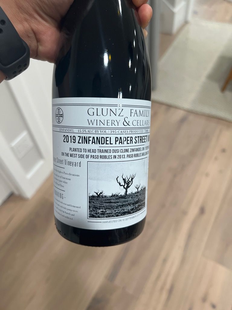 2019 Glunz Family Winery and Cellars Zinfandel Paper Street Vineyard