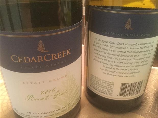 2016 CedarCreek Estate Winery Pinot Gris, Canada, British Columbia ...