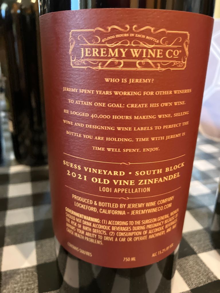 2021 Jeremy Wine Company Old Vine Zinfandel Suess Vineyard South Block ...