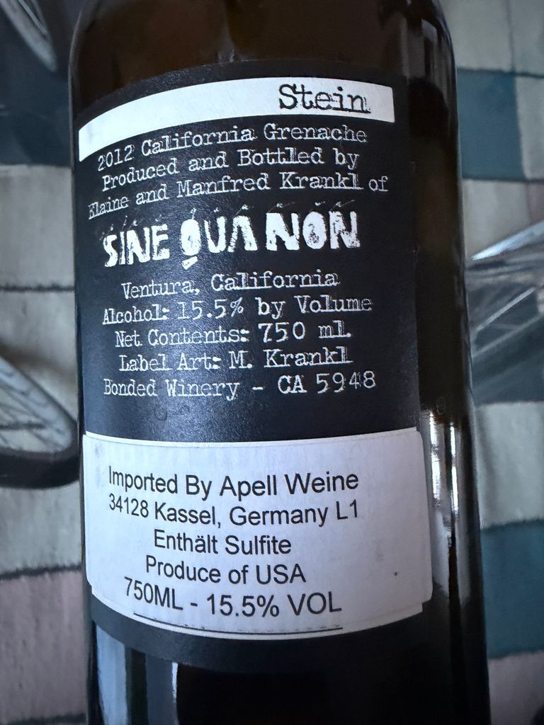 ワイン Sine Qua Non 2012 Grenache 2012 Sine Qua Non Stein Grenache