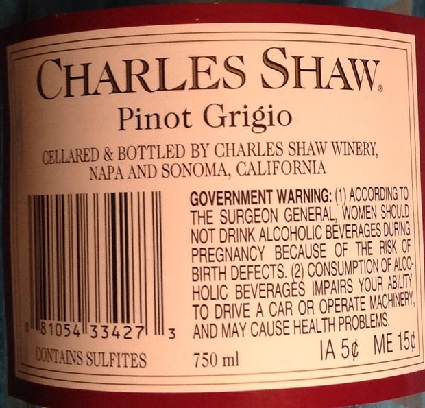 2012 Charles Shaw Pinot Grigio, USA, California CellarTracker