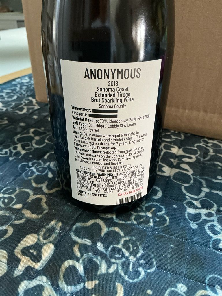 2018 Anonymous Wine Collective Extended Tirage Sonoma Coast, USA ...