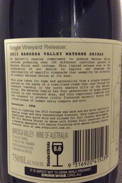 St hallett single vineyard release materne barossa valley shiraz