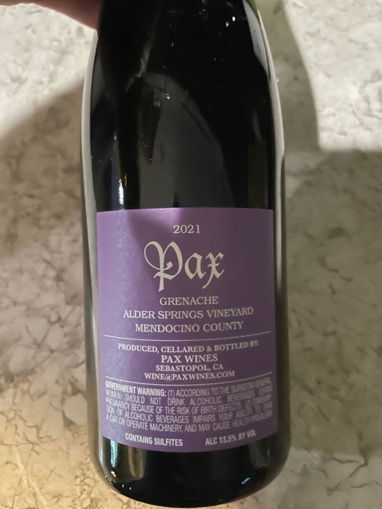 2021 Pax Grenache Alder Springs Vineyard, USA, California, North Coast