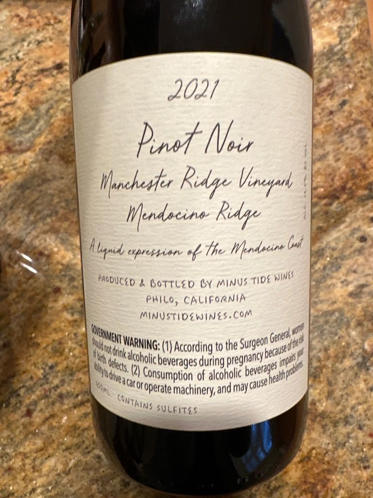 Manchester Ridge 2022 Minus Tide Pinot Noir Mendocino Ridge Manchester Ridge Vineyard ...