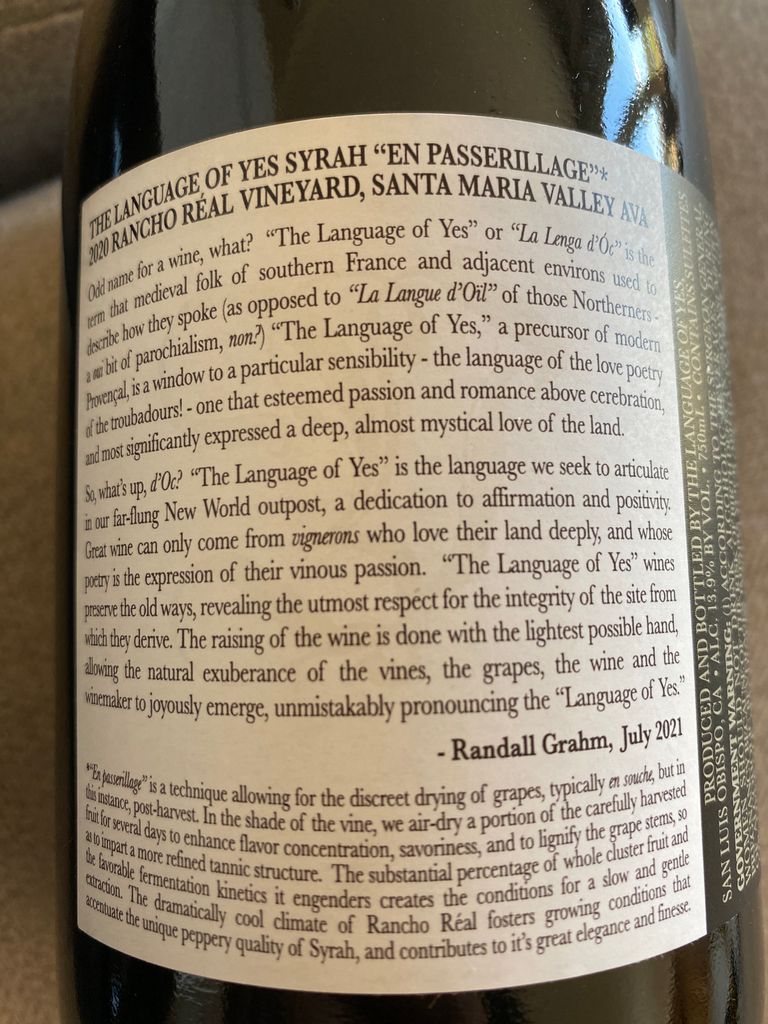 2020 The Language of Yes Syrah En Passerillage Rancho Real, USA