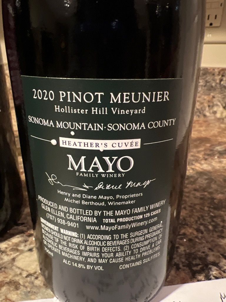 2020 Mayo Family Winery Pinot Meunier Heather's Cuvée Hollister Hill ...