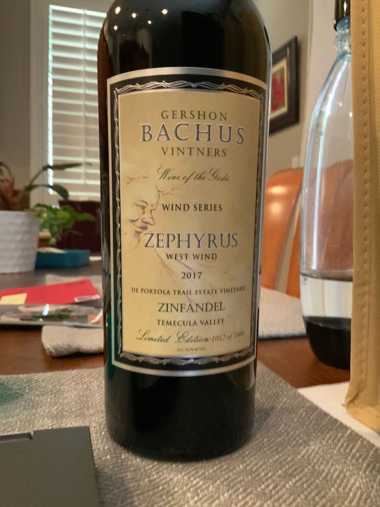 2017 Gershon Bachus Vintners Zinfandel Wine of the Gods, Zephyrus,