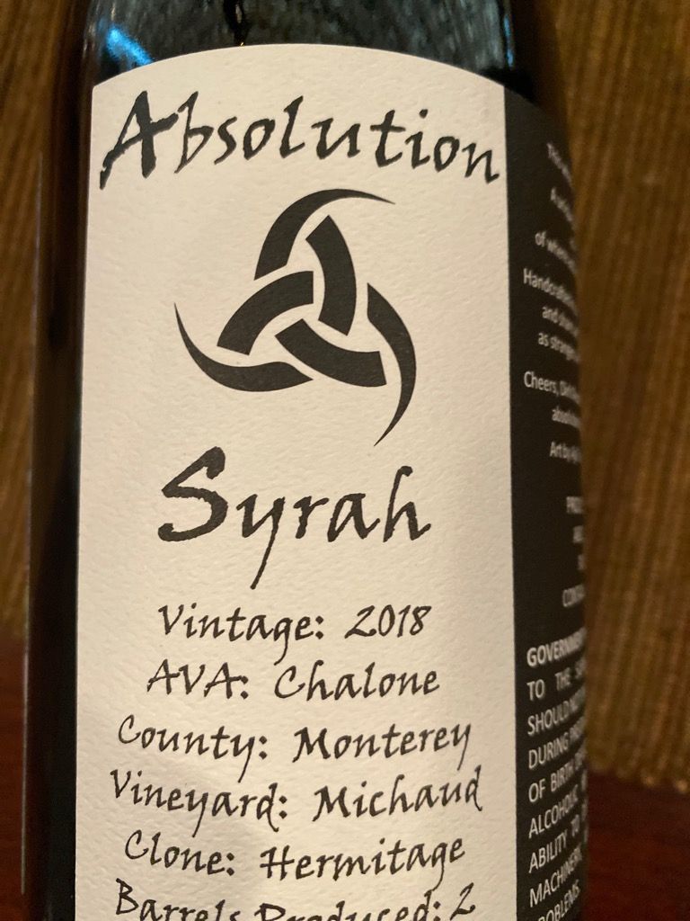 2020 Absolution Cellars Syrah, USA, California, Central Coast, Chalone ...