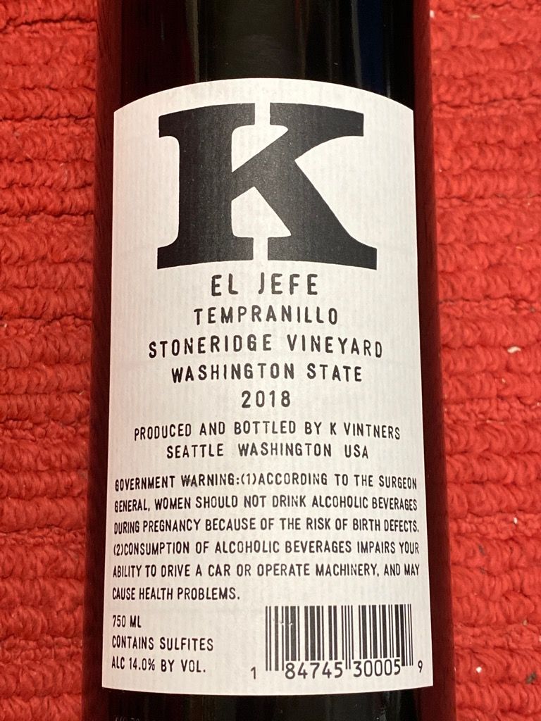 2018 K Vintners El Jefe Stoneridge Vineyard - CellarTracker