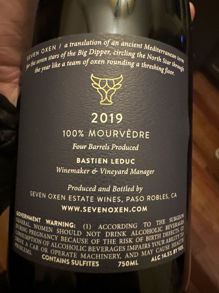 2019 Seven Oxen Estate Wines Mourvèdre, USA, California, Central Coast ...