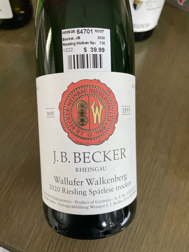 2020 J.B. Becker Wallufer Walkenberg Riesling Spätlese Trocken, Germany ...