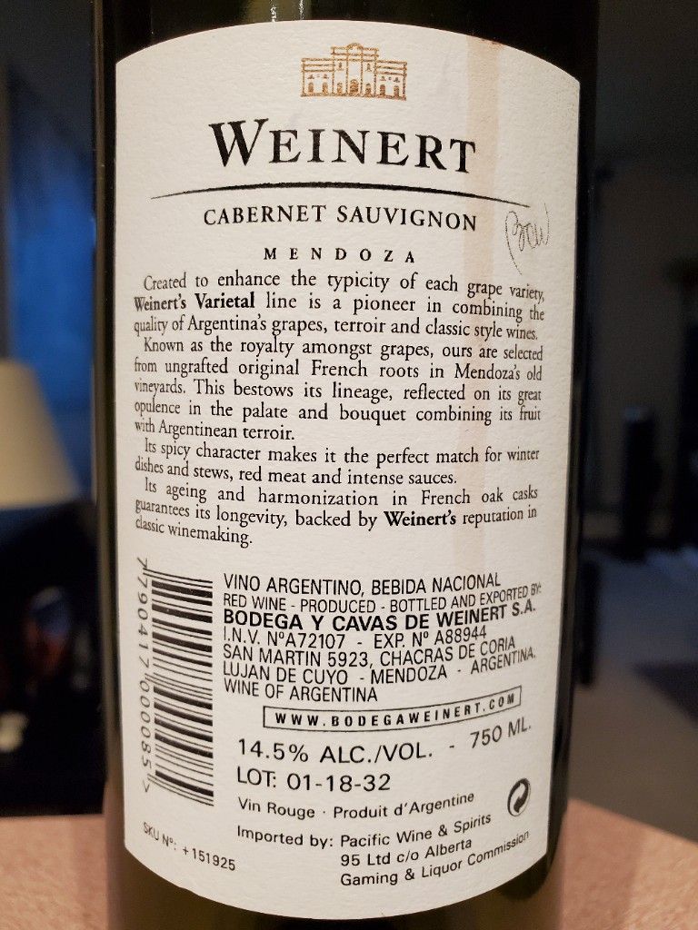 2008 Bodega Weinert Cabernet Sauvignon, Argentina, Mendoza, Lujan de ...