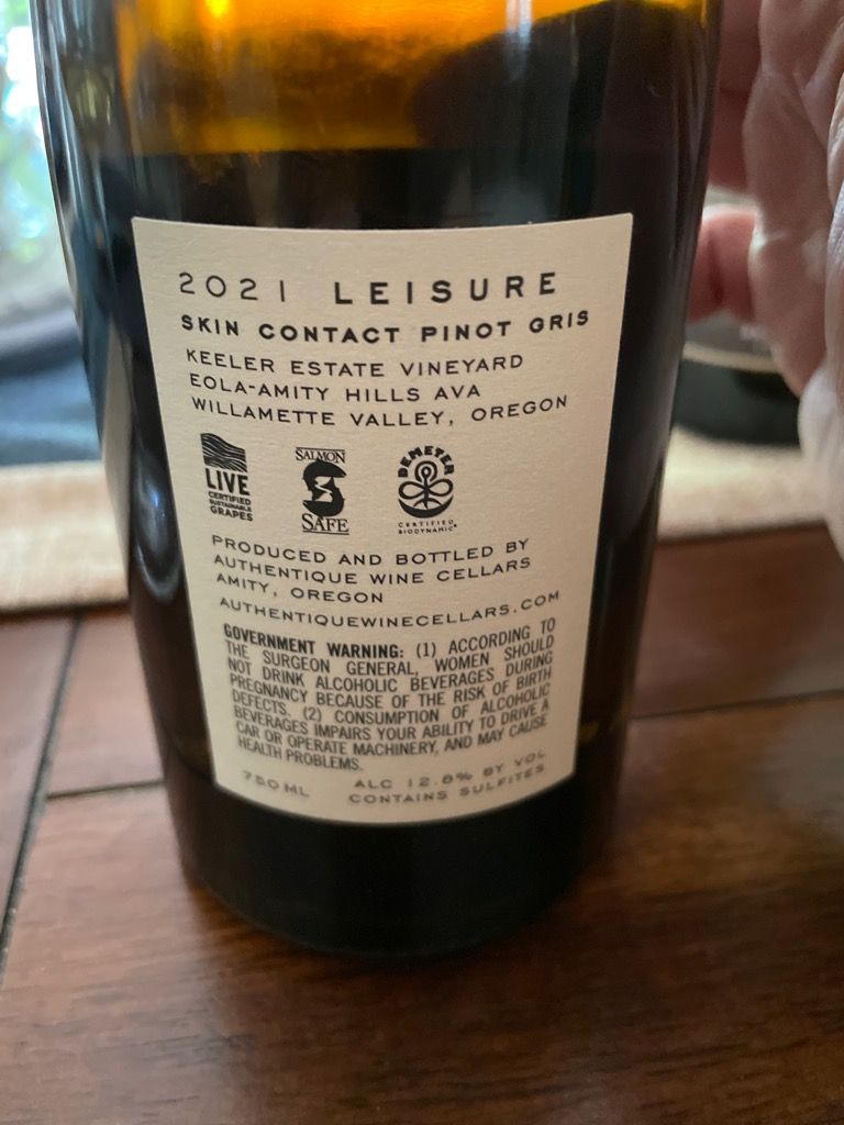 2021 Authentique Wine Cellars Pinot Gris Leisure Skin Contact Keeler